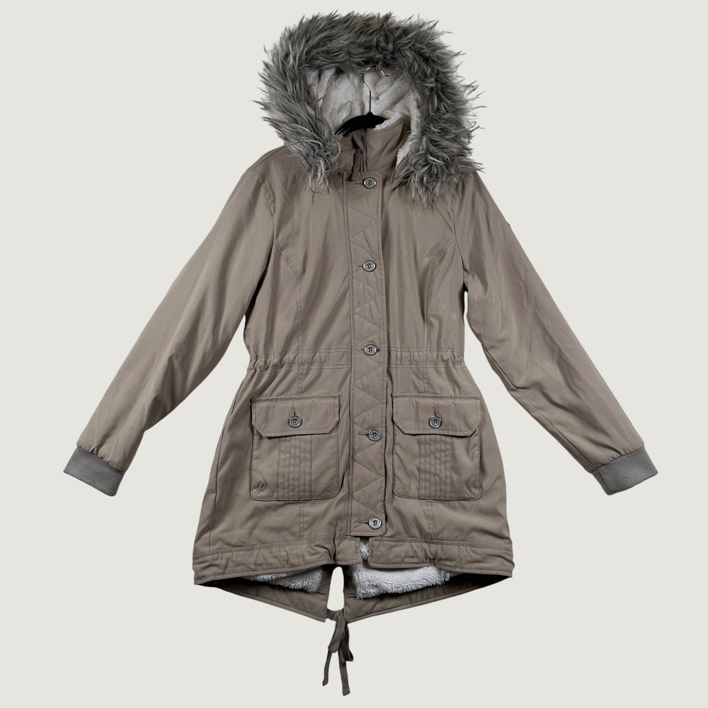 Hollister Parka Jacket Hooded Womens Heritage Collection Faux Fur Sherpa L Tan